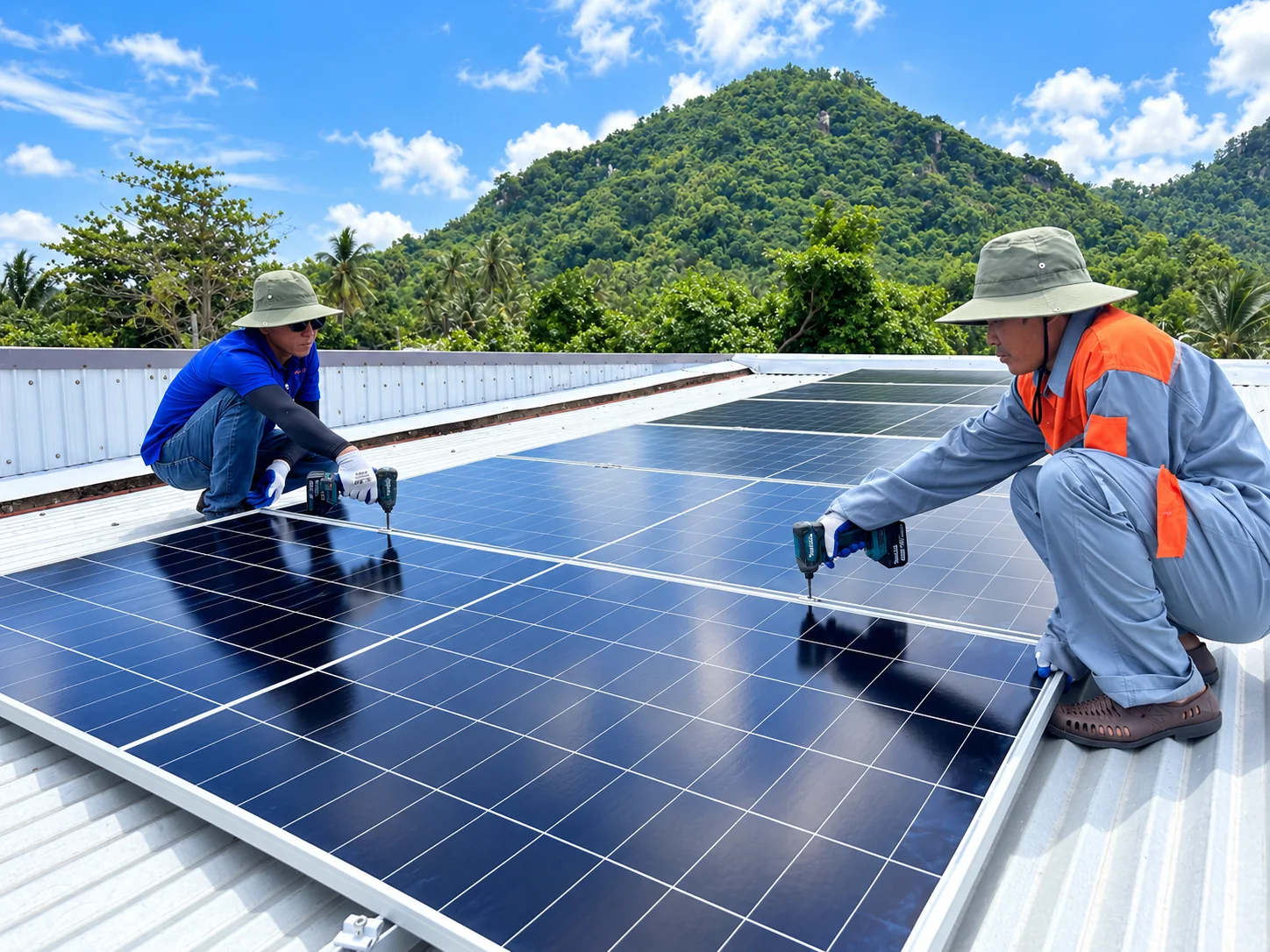 Kỹ thuật viên Hồng Đức Solar thi công hệ thống điện mặt trời